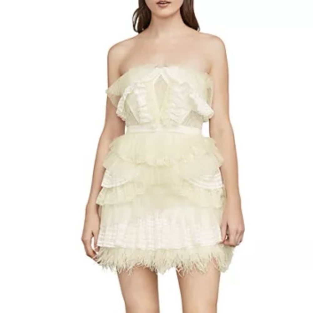 BCBGMAXAZRIA Owen Feather-Trim Ruffled Strapless Dress Size Small Cream White
